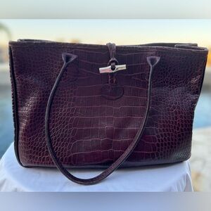 Authentic Longchamp Crocodile-Embossed Leather Burgundy Tote Bag